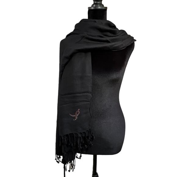 Susan G Komen Breast Cancer Black Scarf Pink Rhinestone Ribbon L 70" X W 28.5" - Picture 5 of 15